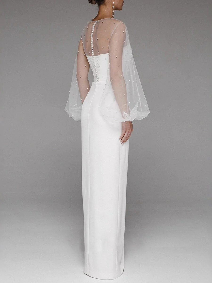 Pearl Mesh-paneled Sleeves Tube Top Maxi Dresses - Image 2