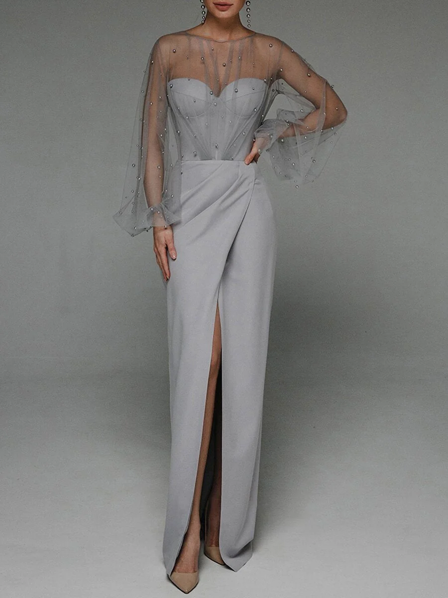 Pearl Mesh-paneled Sleeves Tube Top Maxi Dresses - Image 3
