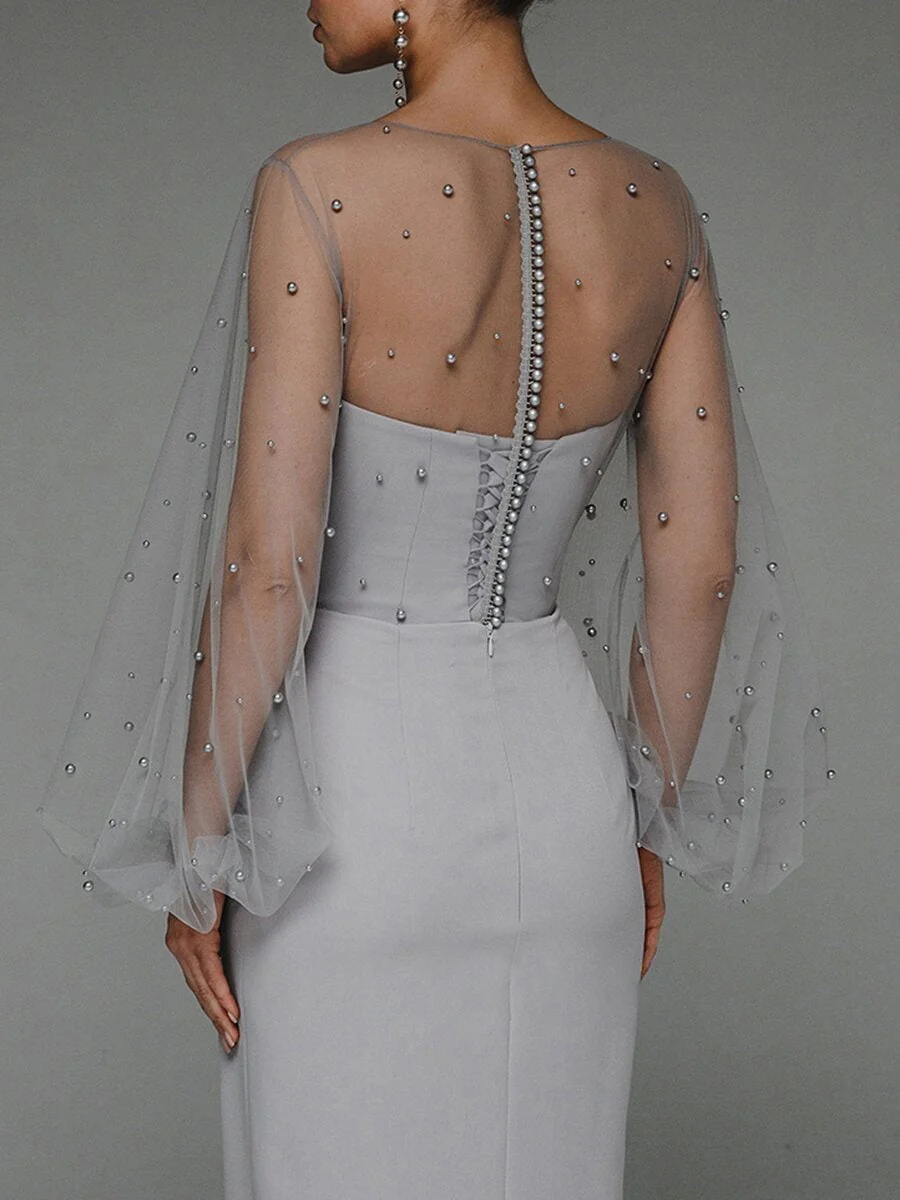 Pearl Mesh-paneled Sleeves Tube Top Maxi Dresses - Image 6