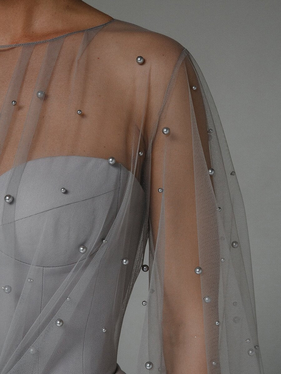 Pearl Mesh-paneled Sleeves Tube Top Maxi Dresses - Image 7