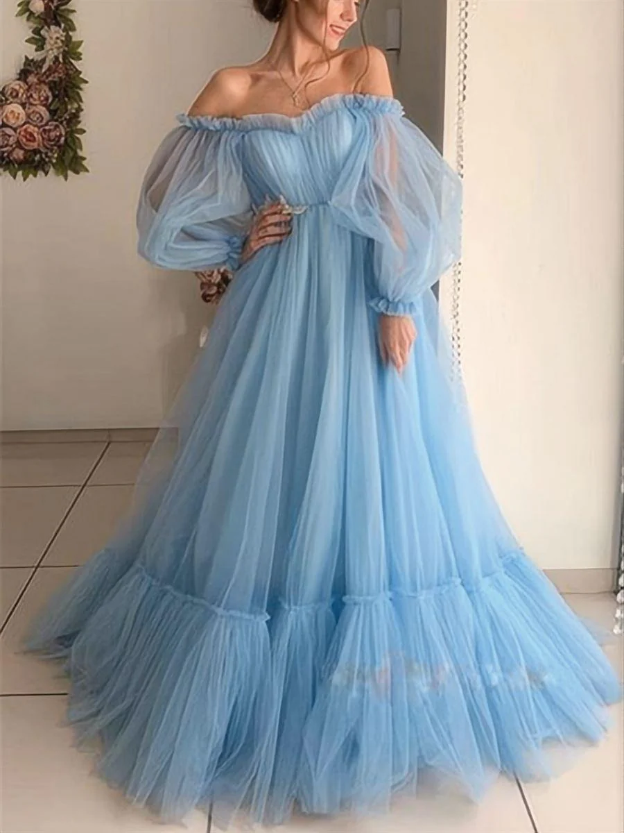 Off-shoulder Mesh Long Sleeves Backless Big Swing Maxi Dresses - Image 2