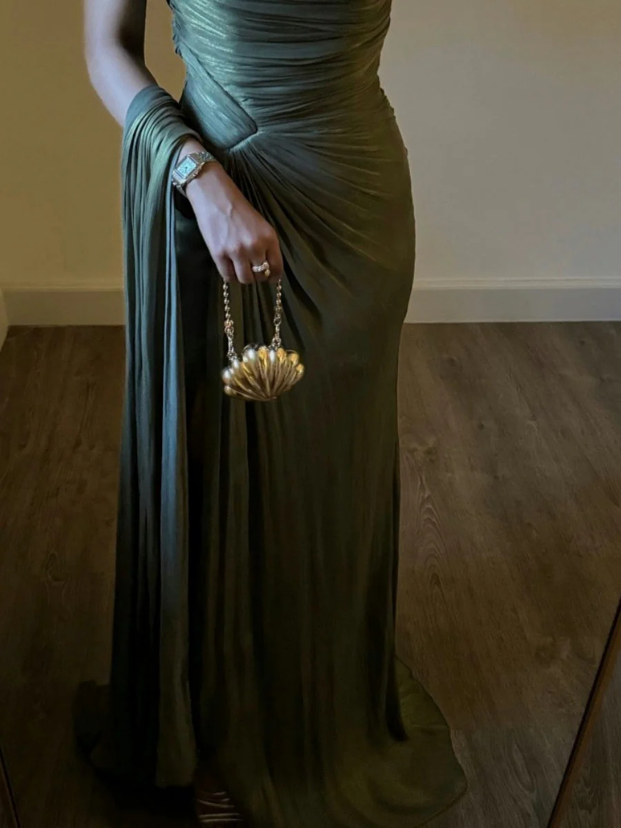 Olive Green Pleated Ribbon Sparkling Maxi Dresses - Image 4
