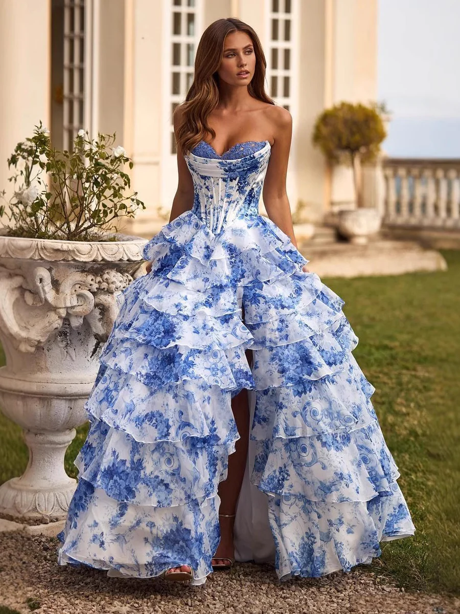 Floral Print Multi-Layer Herringbone Strapless Long Dress - Image 2