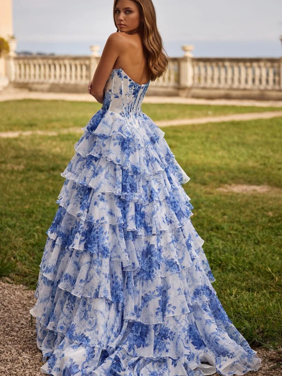 Floral Print Multi-Layer Herringbone Strapless Long Dress - Image 3
