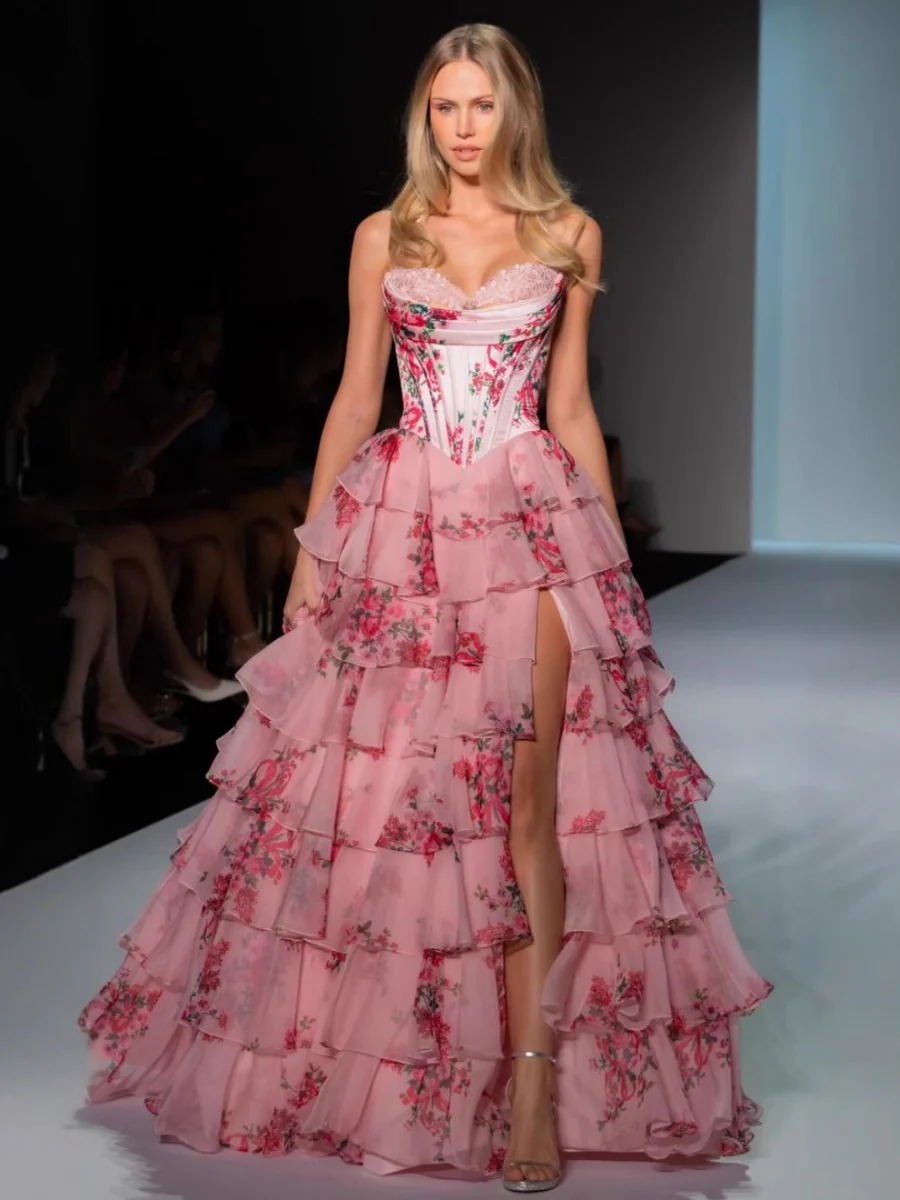 Floral Print Multi-Layer Herringbone Strapless Long Dress - Image 6
