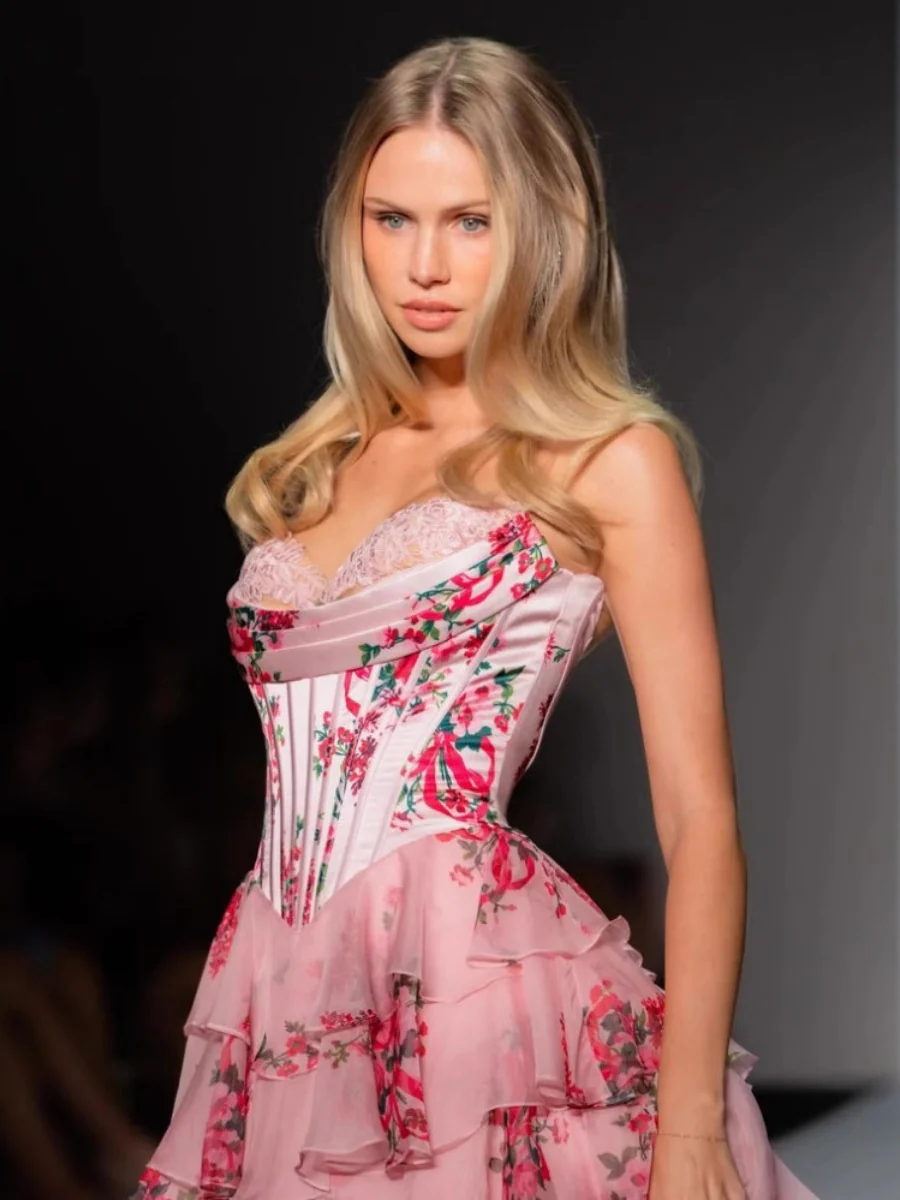 Floral Print Multi-Layer Herringbone Strapless Long Dress - Image 7