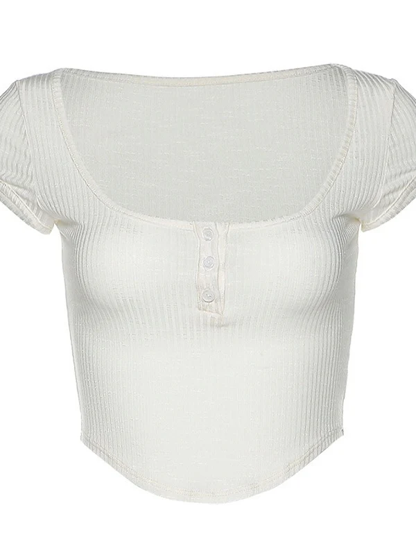 White U-neck Solid Color Sexy Cropped Slim-fit T-shirt - Image 8