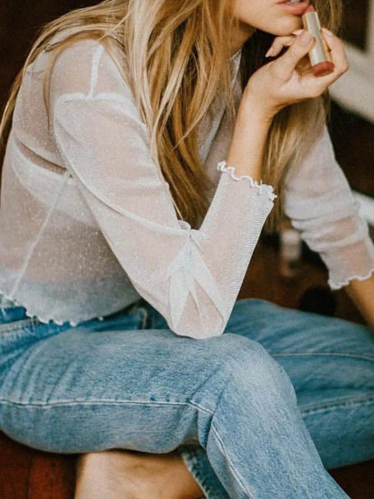 Long-sleeved Sheer Mesh Top - Image 11