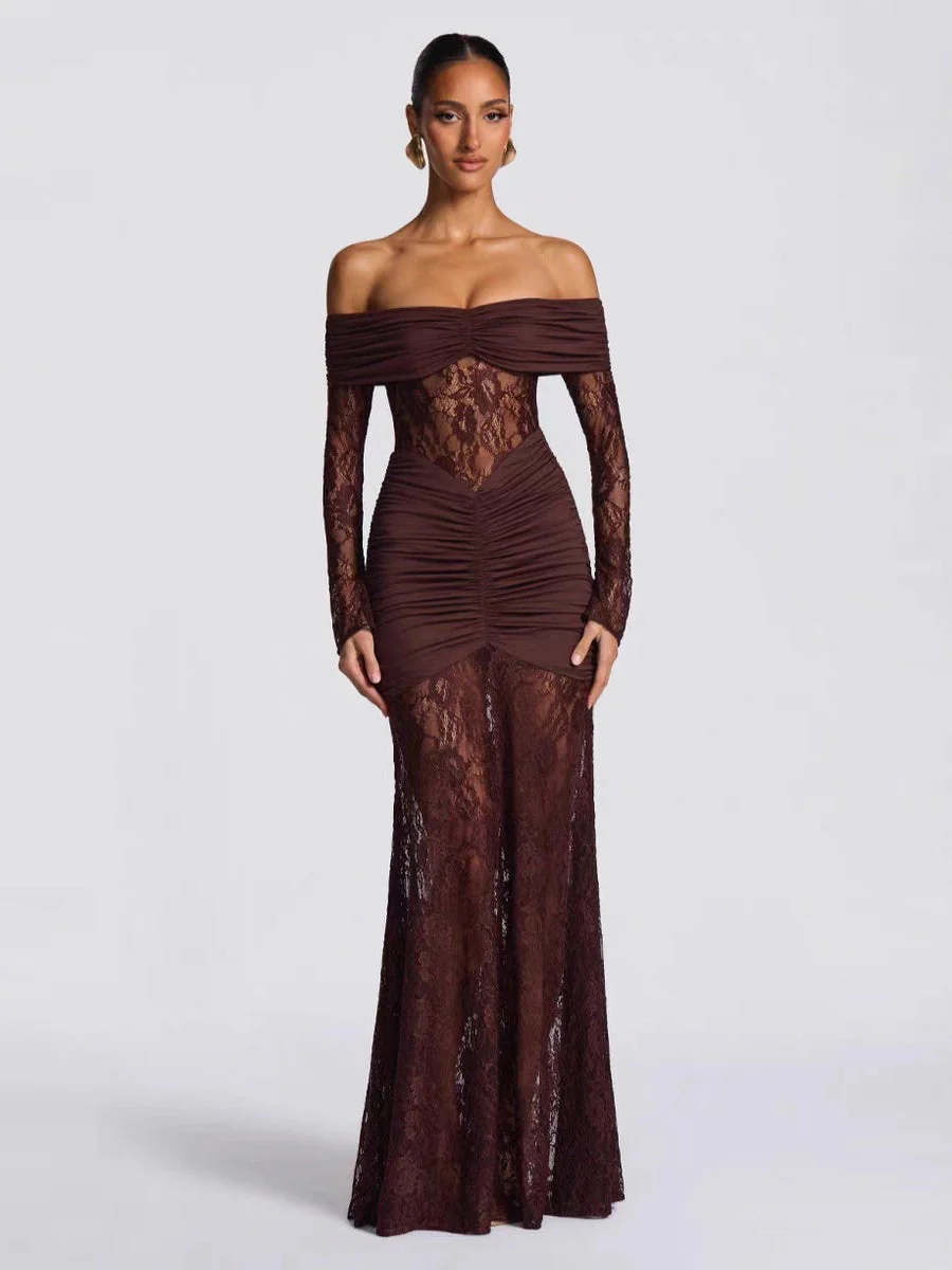 Off Shoulder Hollow Lace Splicing Long Sleeve Hip-hugging Maxi Dresses - Image 2