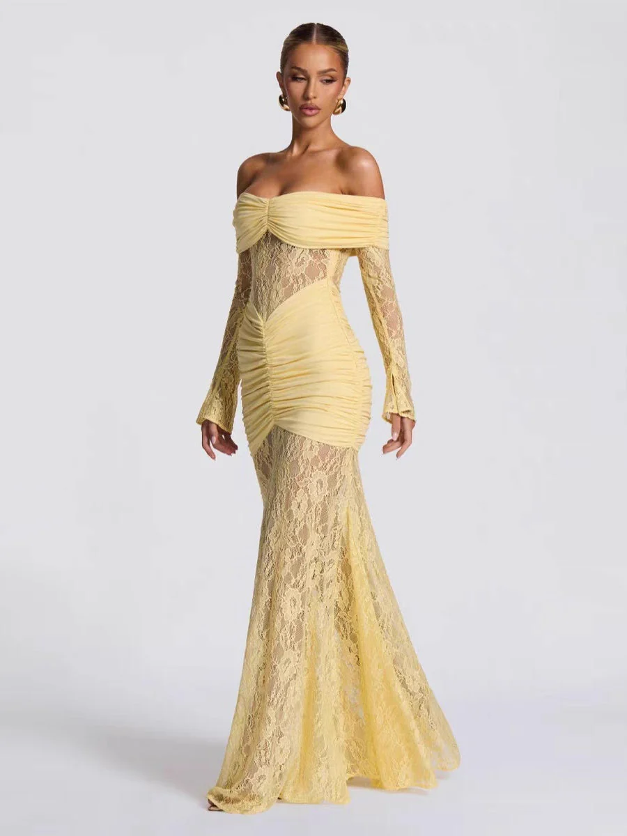 Off Shoulder Hollow Lace Splicing Long Sleeve Hip-hugging Maxi Dresses - Image 3