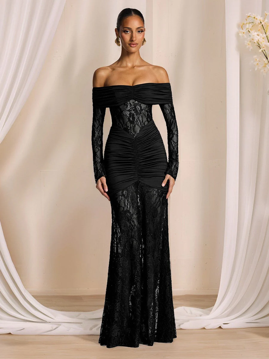 Off Shoulder Hollow Lace Splicing Long Sleeve Hip-hugging Maxi Dresses - Image 4