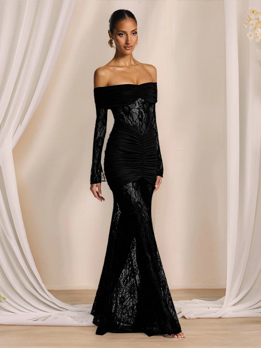 Off Shoulder Hollow Lace Splicing Long Sleeve Hip-hugging Maxi Dresses - Image 5