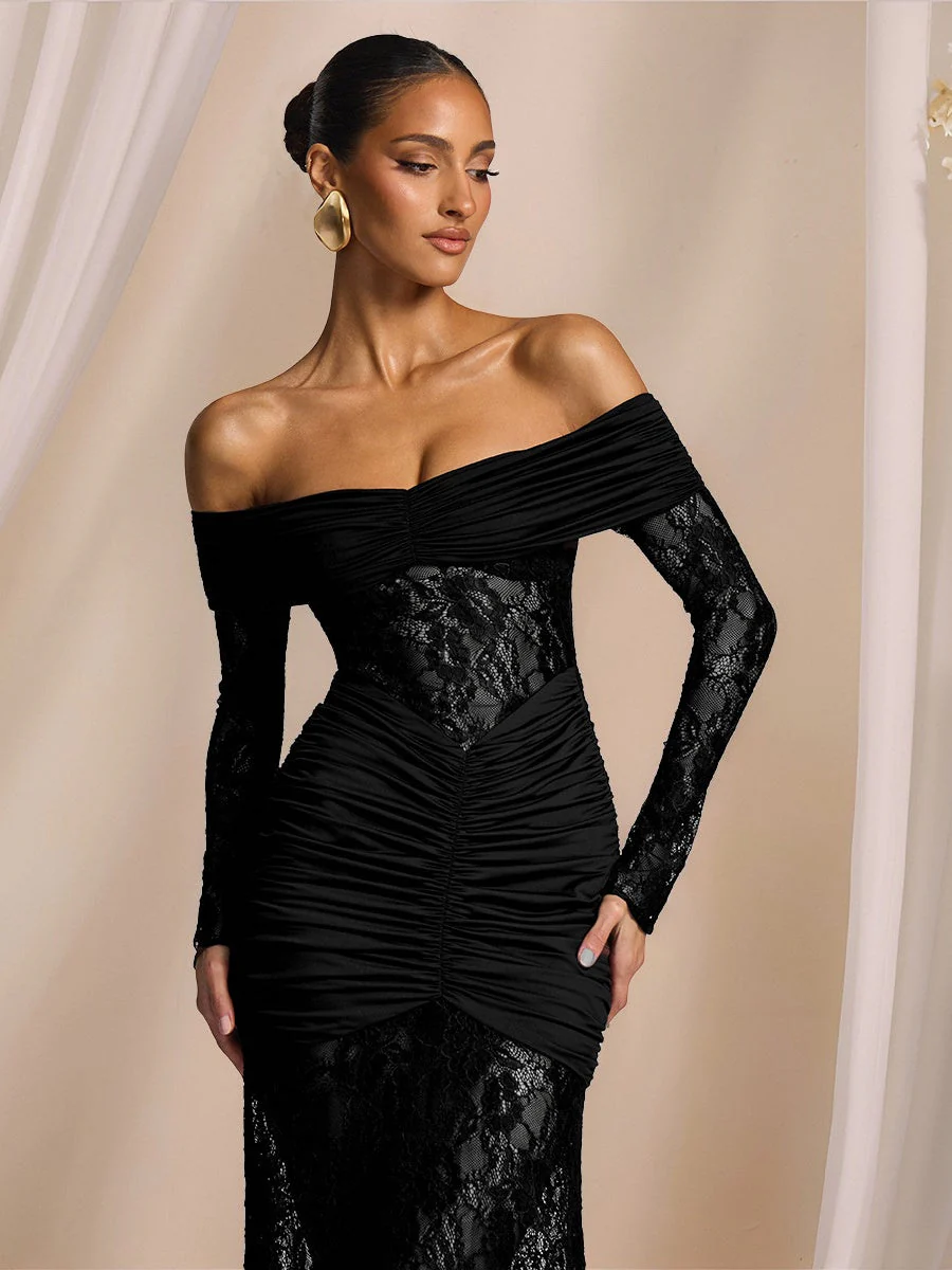 Off Shoulder Hollow Lace Splicing Long Sleeve Hip-hugging Maxi Dresses - Image 6