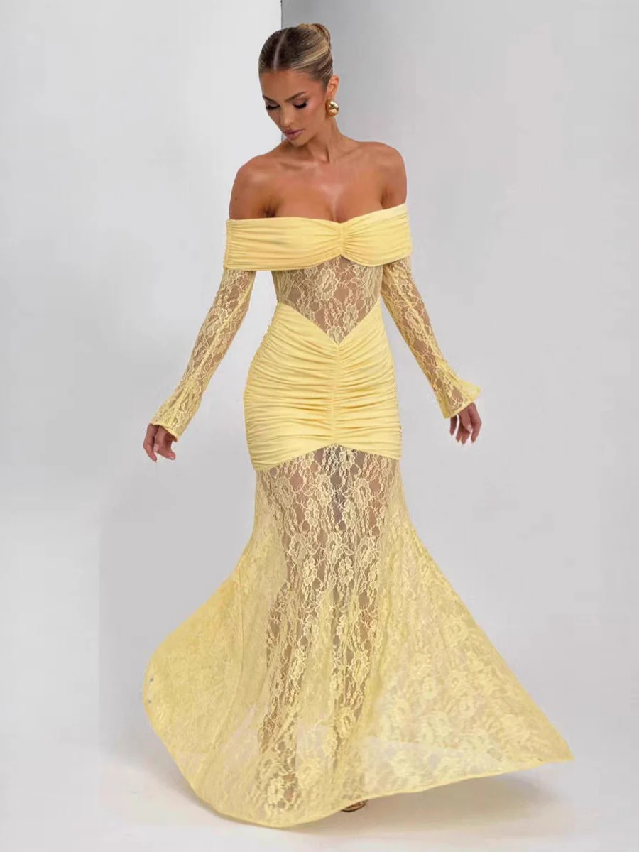 Off Shoulder Hollow Lace Splicing Long Sleeve Hip-hugging Maxi Dresses - Image 8