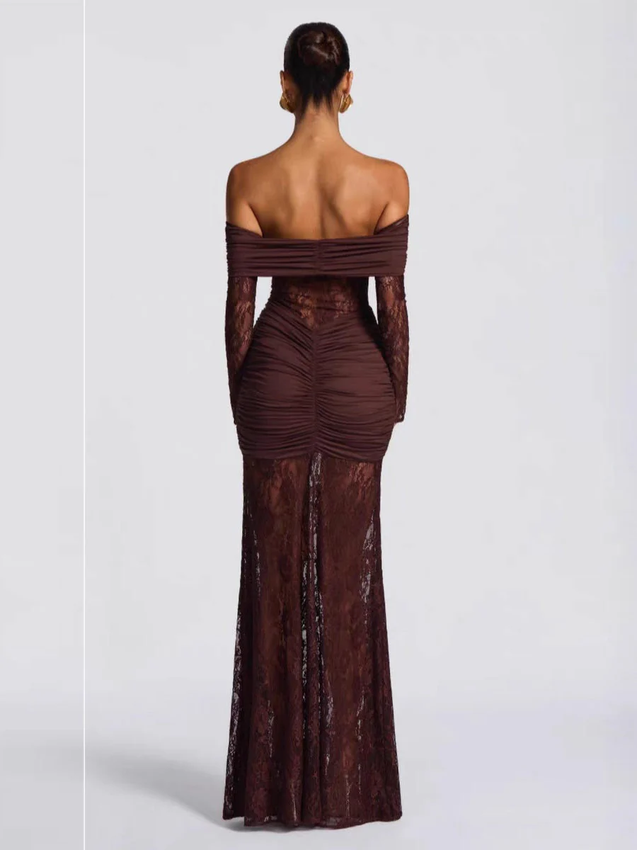 Off Shoulder Hollow Lace Splicing Long Sleeve Hip-hugging Maxi Dresses - Image 9