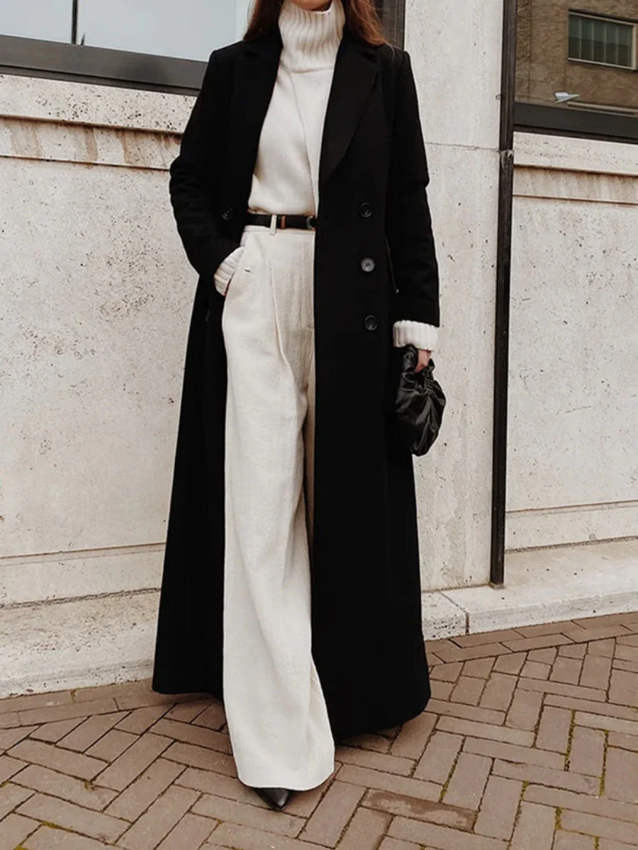 Black Extra-long Double-breasted Lapel Grace Coats - Image 3