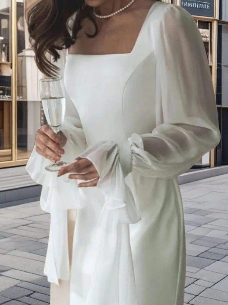 Square Collar Splicing Mesh Formal Dress Maxi Dresses - Image 4