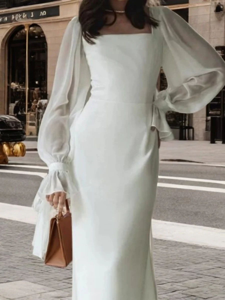 Square Collar Splicing Mesh Formal Dress Maxi Dresses - Image 5