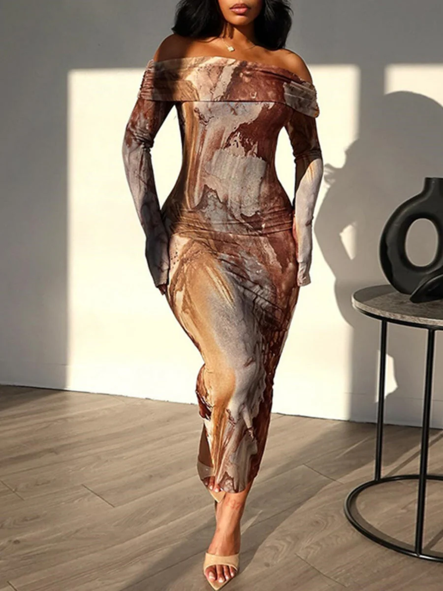 Milk Silk Tie-dye Printed Off Shoulder Slim Fit Hip Maxi Dresses - Image 3