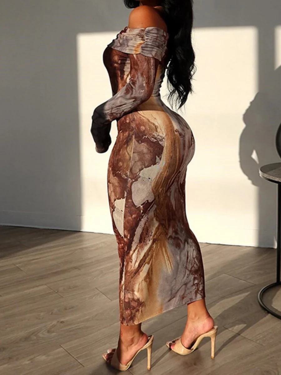 Milk Silk Tie-dye Printed Off Shoulder Slim Fit Hip Maxi Dresses - Image 4