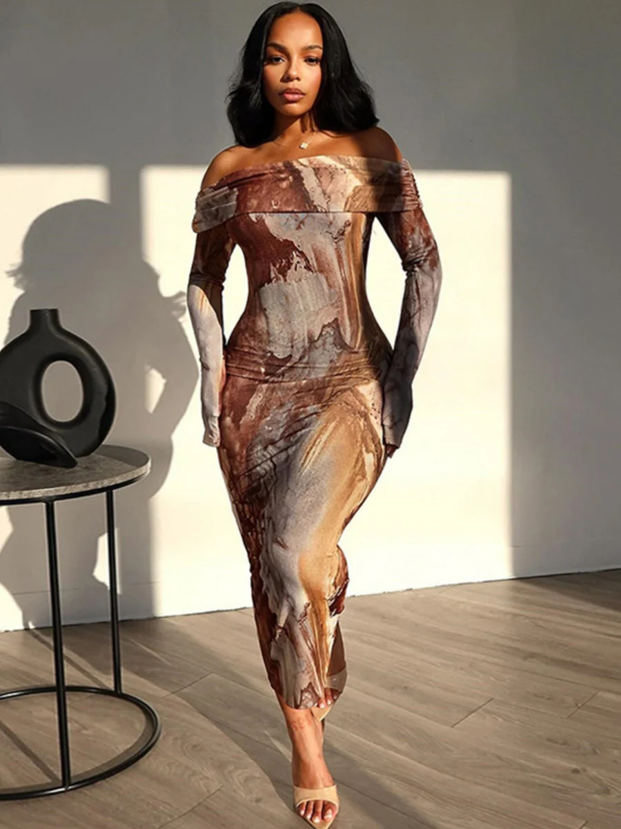 Milk Silk Tie-dye Printed Off Shoulder Slim Fit Hip Maxi Dresses - Image 5