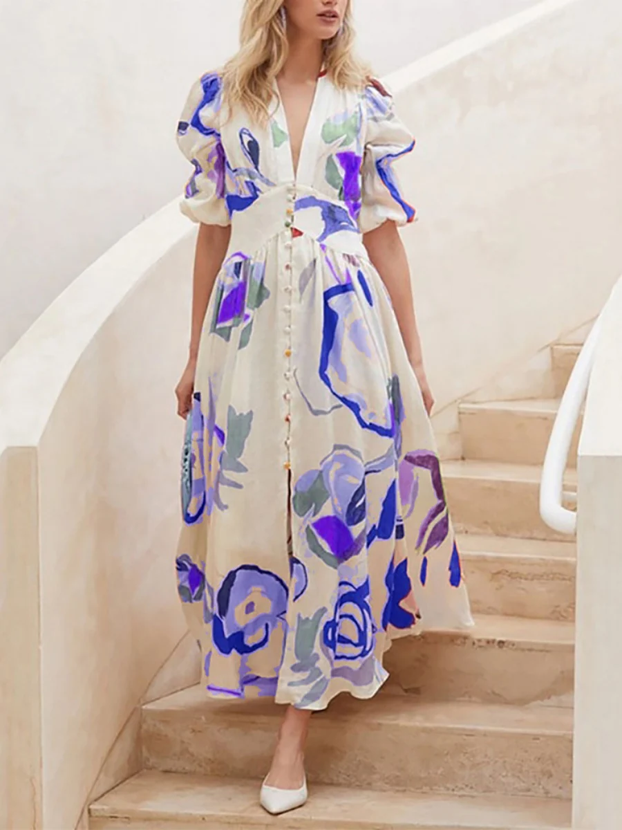 Printed Buttons Shirt Dress Vacation Maxi Dresses - Image 6