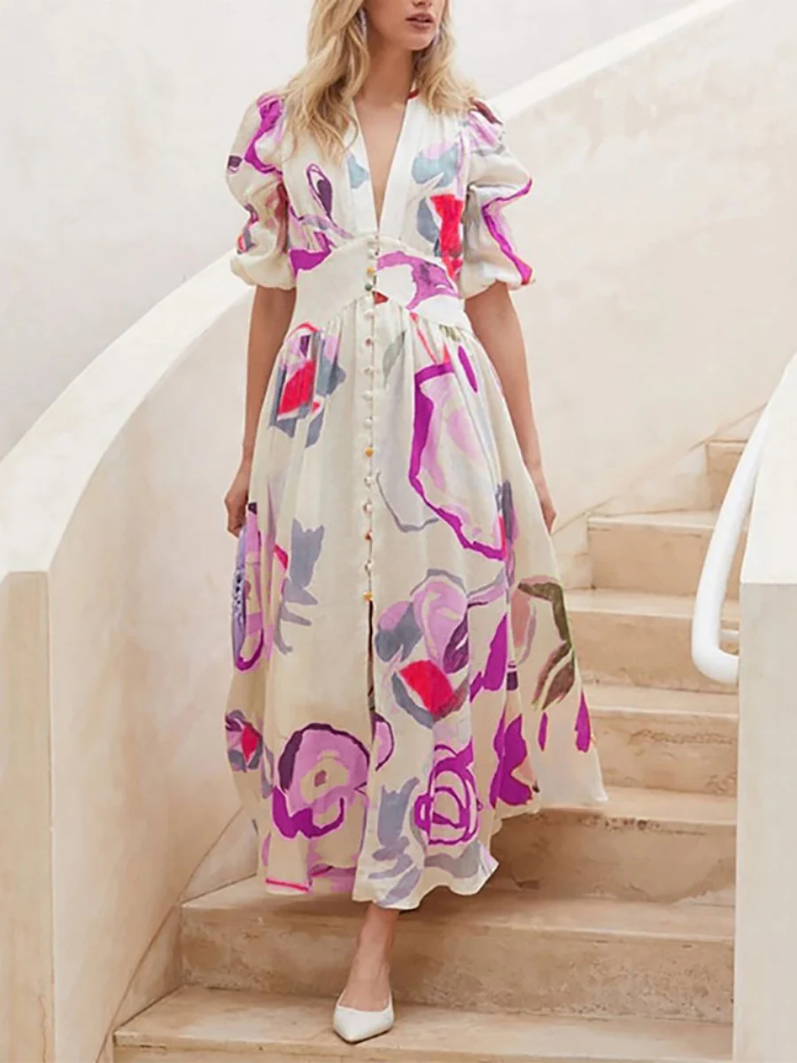 Printed Buttons Shirt Dress Vacation Maxi Dresses - Image 8