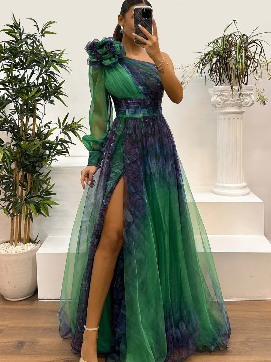 Sloping Shoulders Mesh Printed Reunion Maxi Dresses