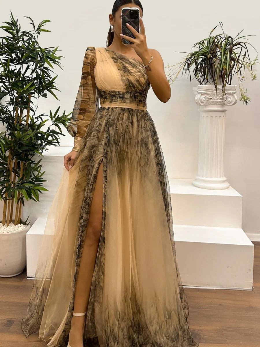 Sloping Shoulders Mesh Printed Reunion Maxi Dresses - Image 10