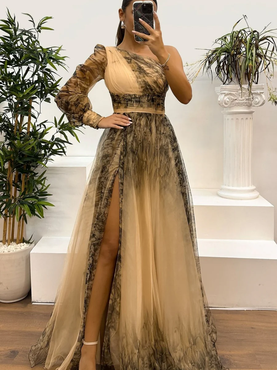 Sloping Shoulders Mesh Printed Reunion Maxi Dresses - Image 11