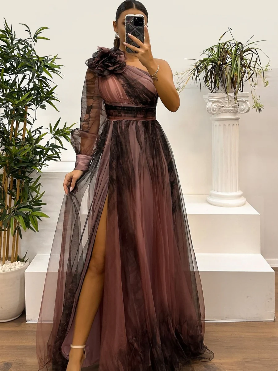 Sloping Shoulders Mesh Printed Reunion Maxi Dresses - Image 13