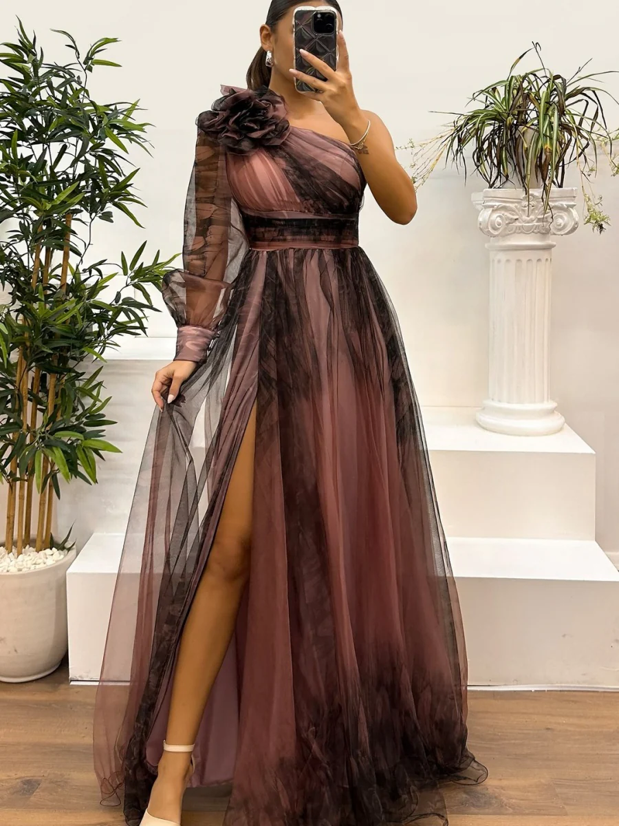 Sloping Shoulders Mesh Printed Reunion Maxi Dresses - Image 14