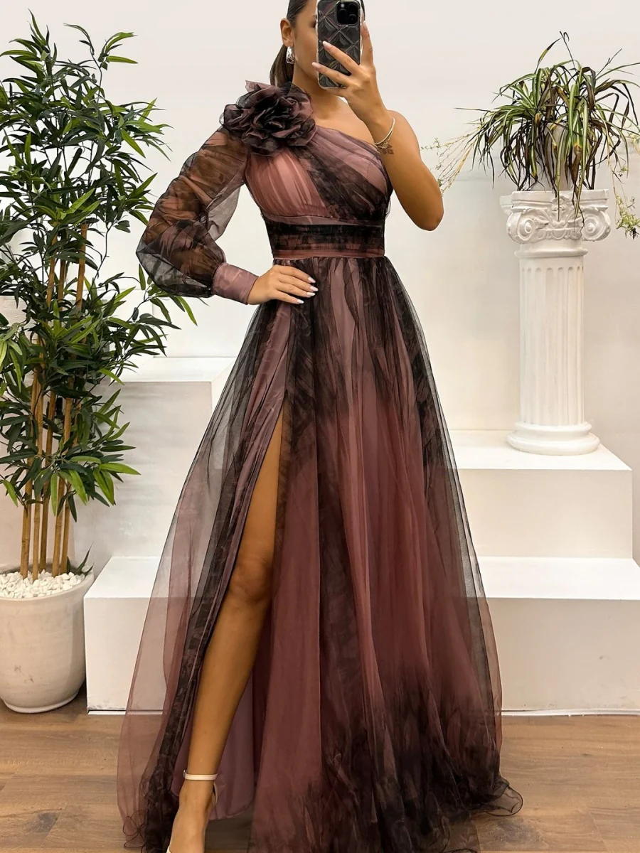 Sloping Shoulders Mesh Printed Reunion Maxi Dresses - Image 15