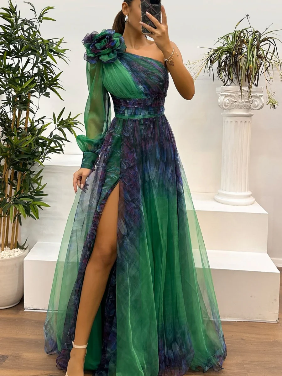 Sloping Shoulders Mesh Printed Reunion Maxi Dresses - Image 2