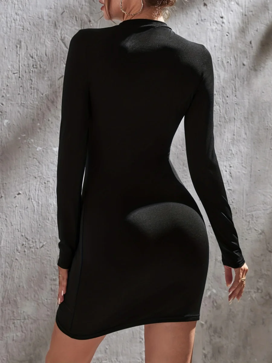 Half Turtleneck Solid Color Tight Fit Long Sleeve Mini&Short Dresses - Image 10