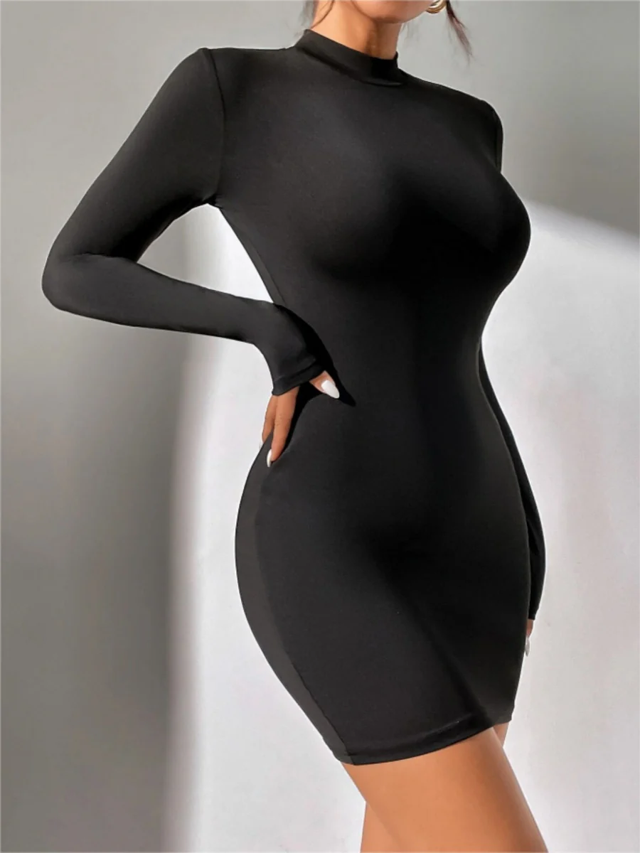 Half Turtleneck Solid Color Tight Fit Long Sleeve Mini&Short Dresses - Image 11