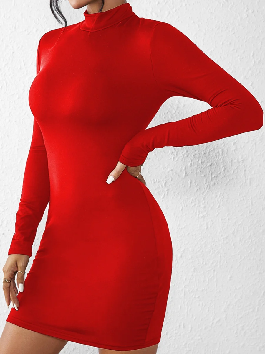 Half Turtleneck Solid Color Tight Fit Long Sleeve Mini&Short Dresses - Image 4