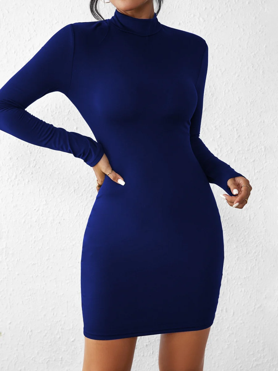 Half Turtleneck Solid Color Tight Fit Long Sleeve Mini&Short Dresses - Image 5