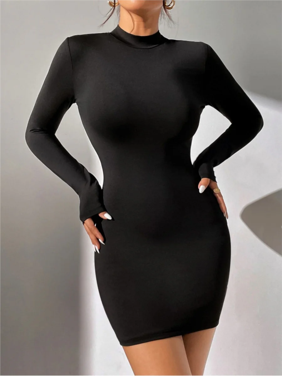 Half Turtleneck Solid Color Tight Fit Long Sleeve Mini&Short Dresses - Image 9