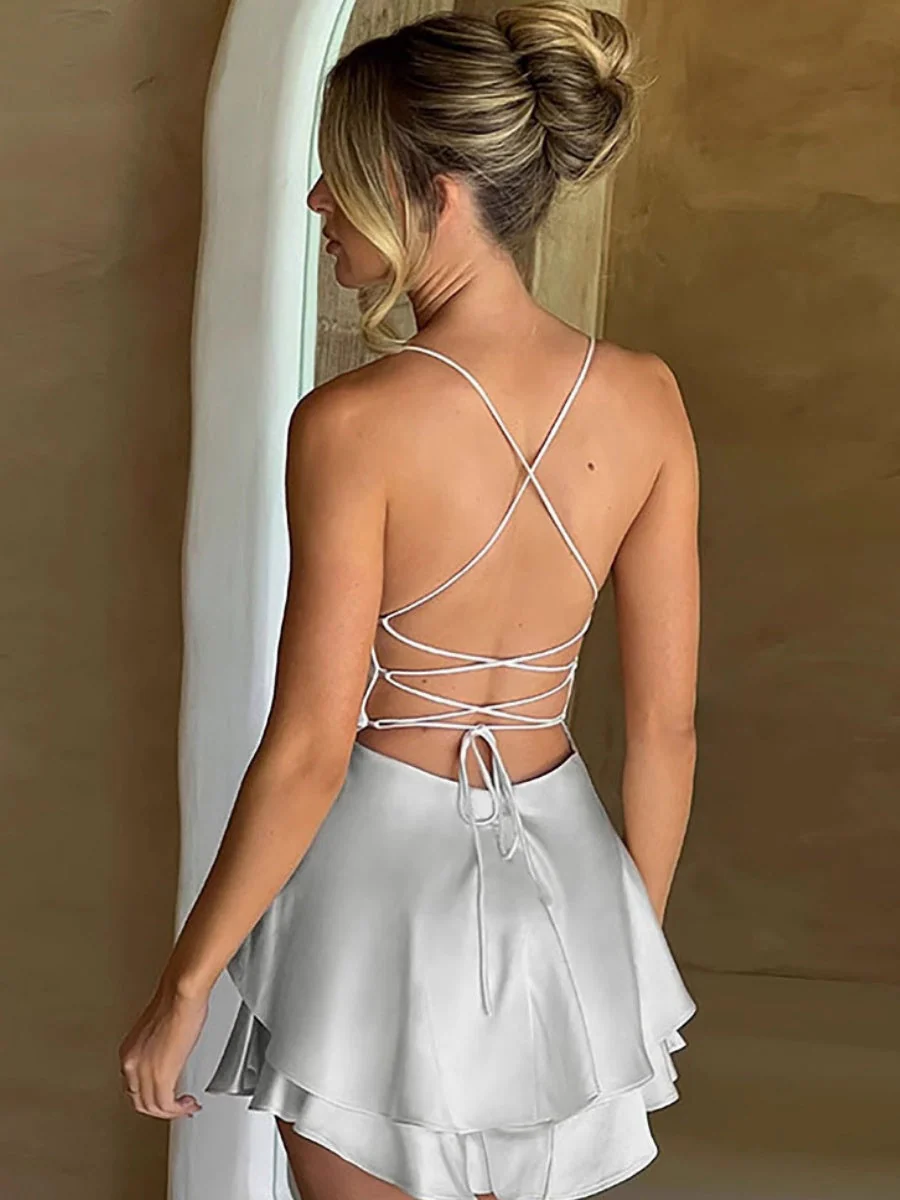 Camisoles Swing Collar Backless Drawstring Mini&Short Dresses - Image 15