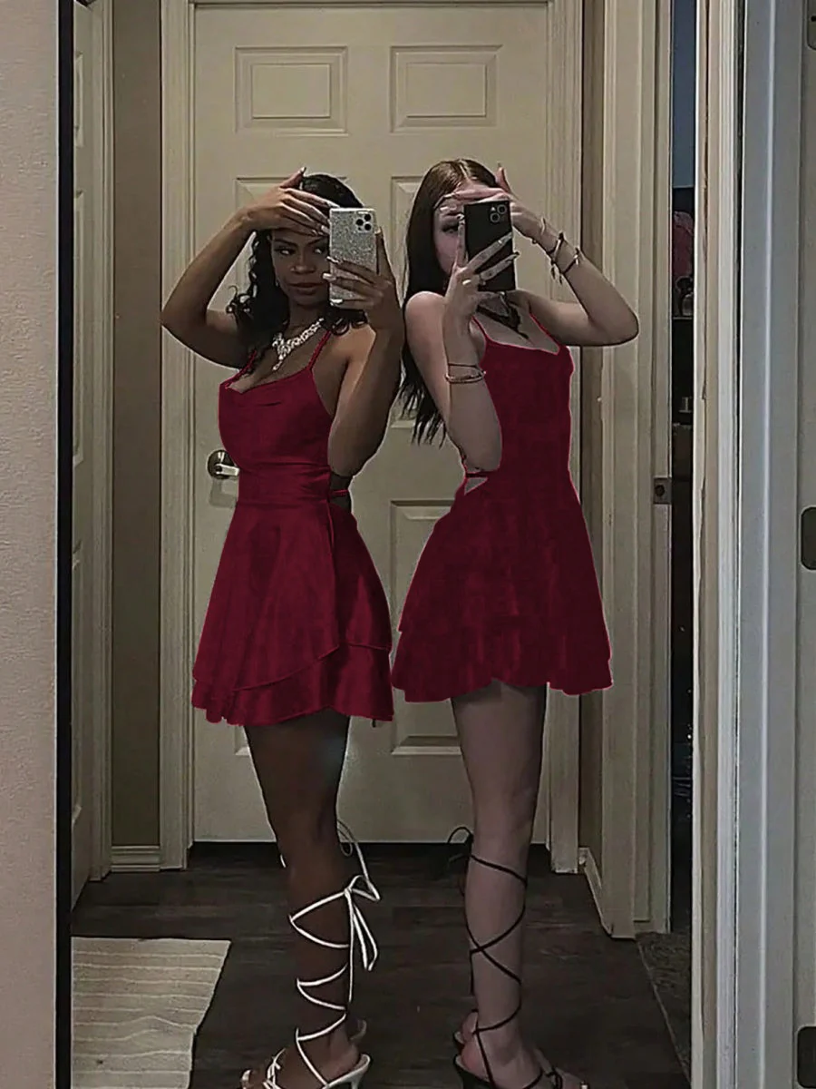 Camisoles Swing Collar Backless Drawstring Mini&Short Dresses - Image 39