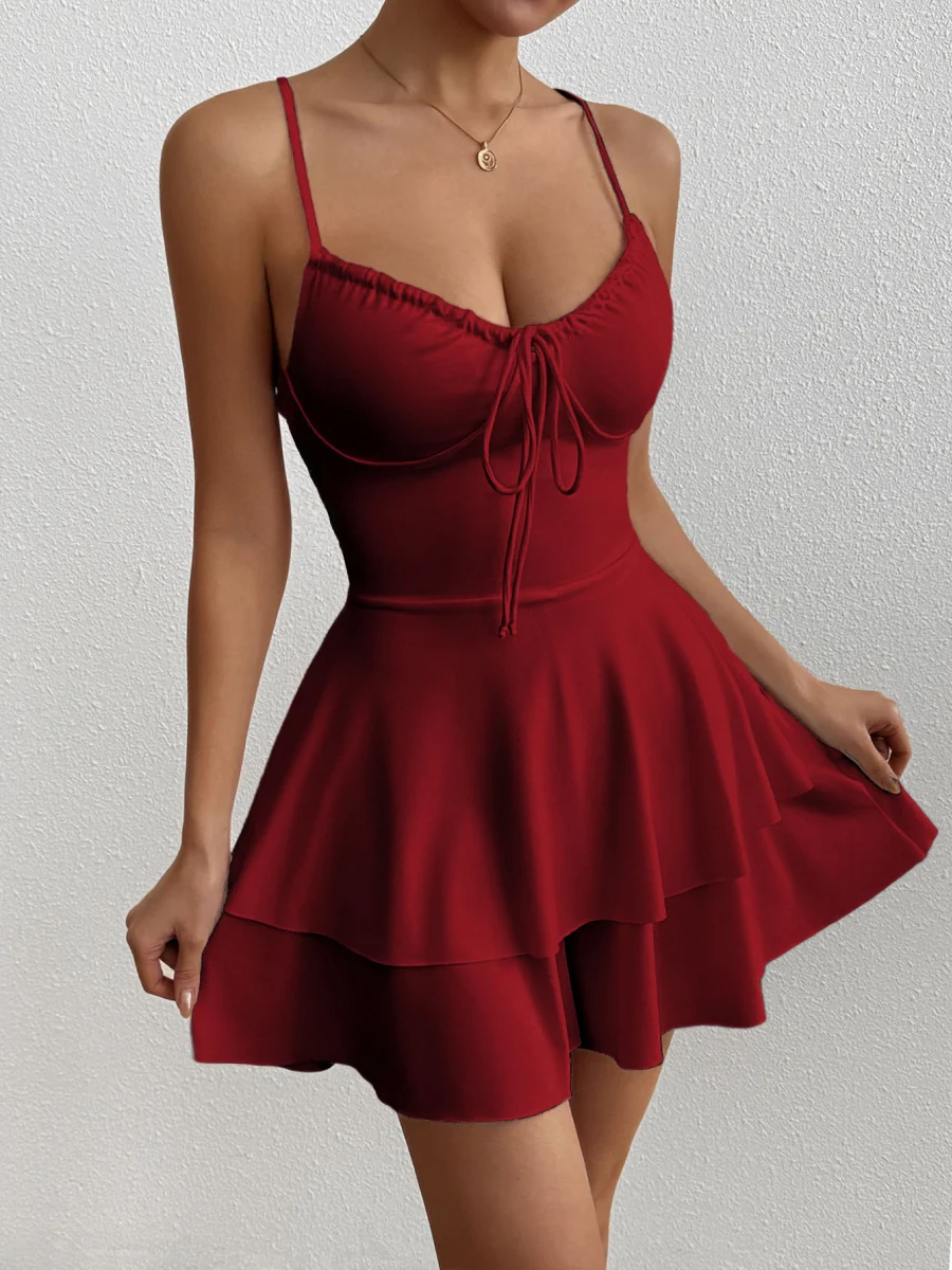 Simple Solid Color Short Dress With Pleats And Multi-layered Ruffles - Image 4