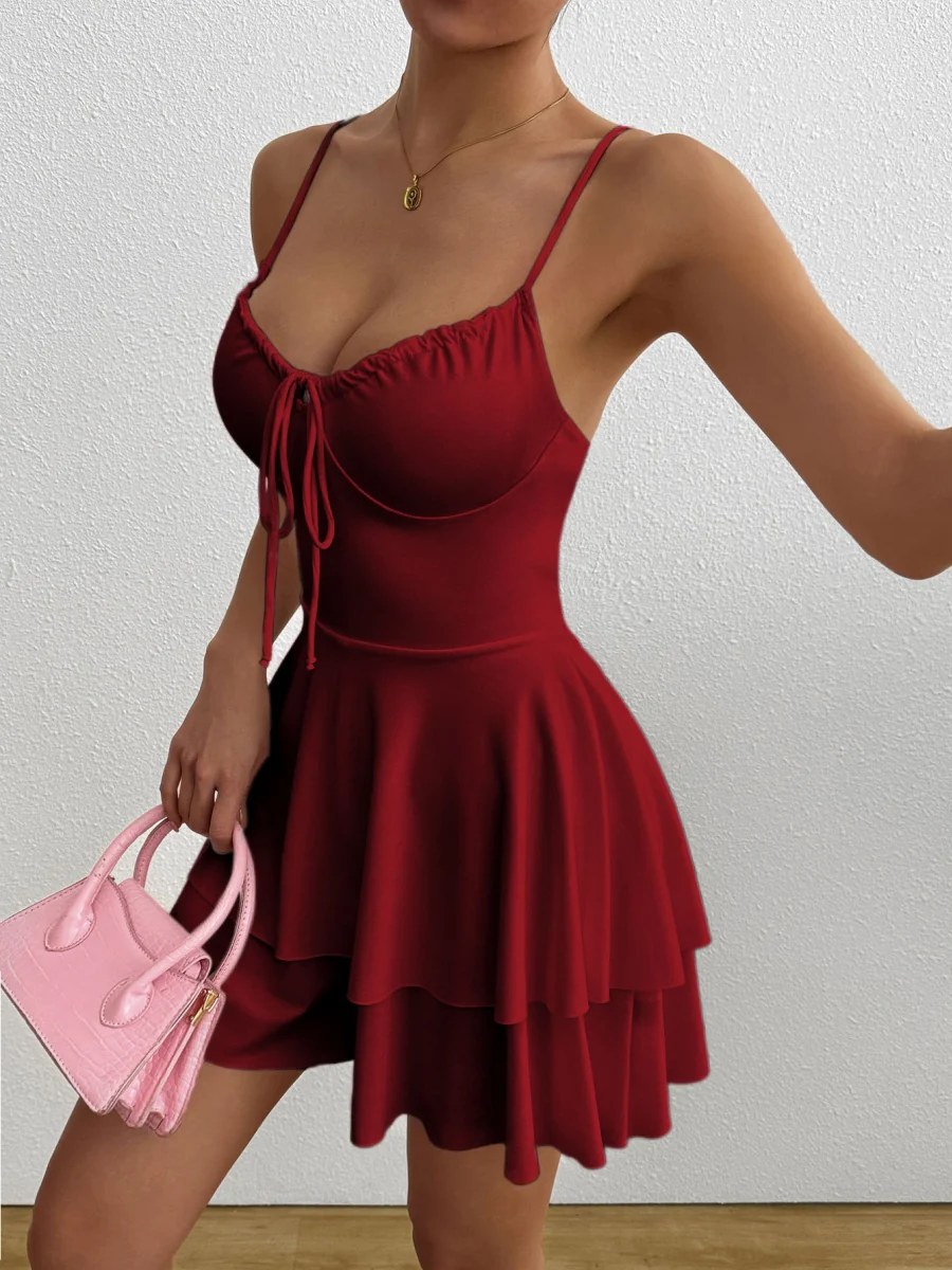 Simple Solid Color Short Dress With Pleats And Multi-layered Ruffles - Image 6