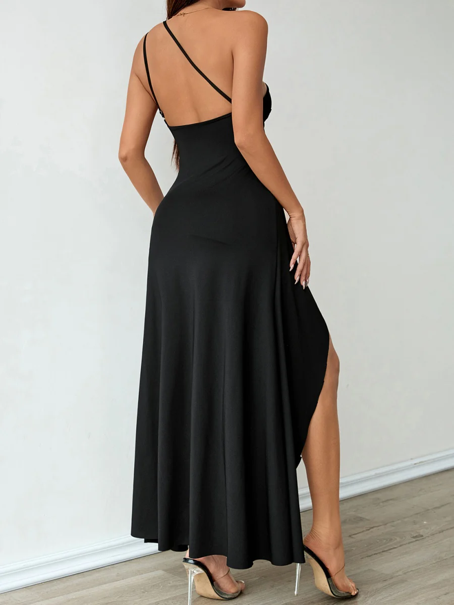 Sloping Shoulders Satin Slit Gathering Parties Maxi Dresses - Image 2