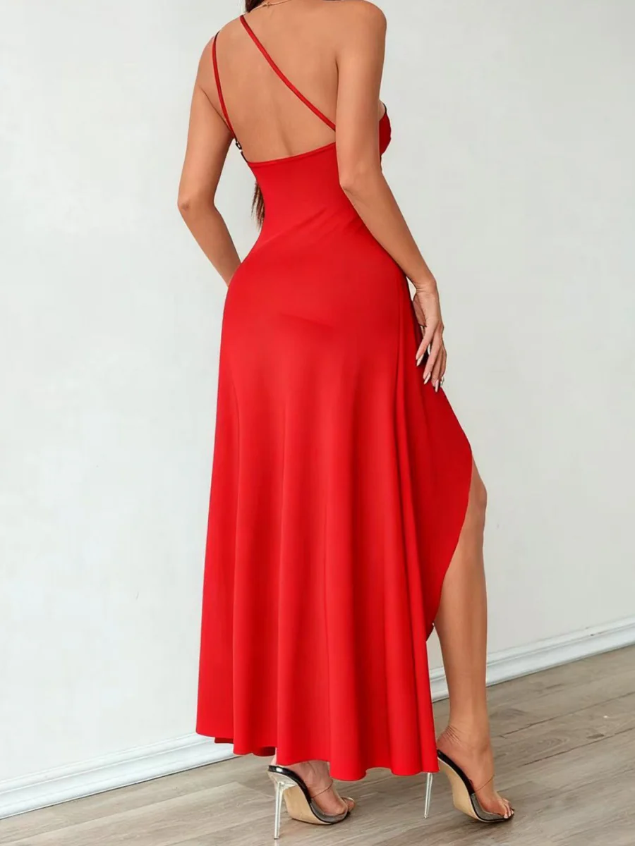 Sloping Shoulders Satin Slit Gathering Parties Maxi Dresses - Image 9