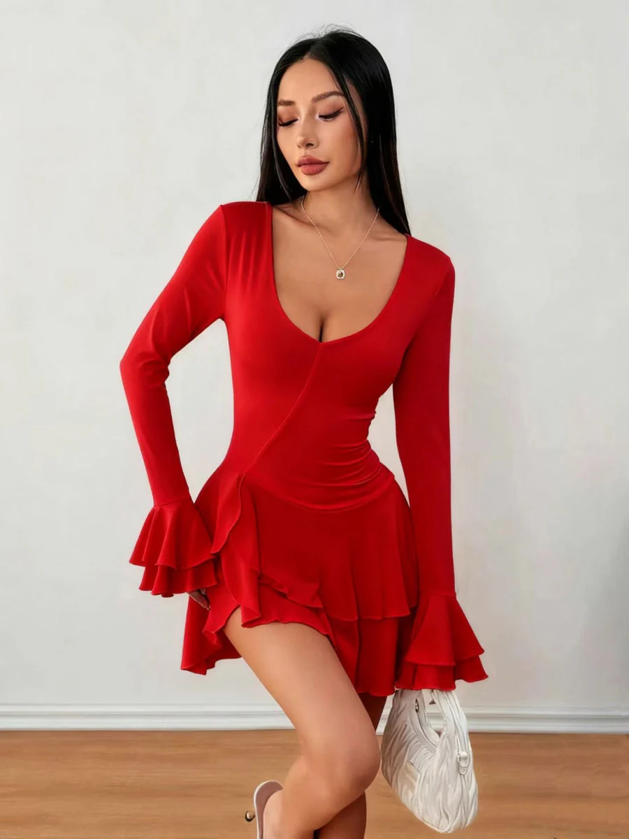 V-neck Long Sleeve Ruffle Mini&Short Dresses - Image 13