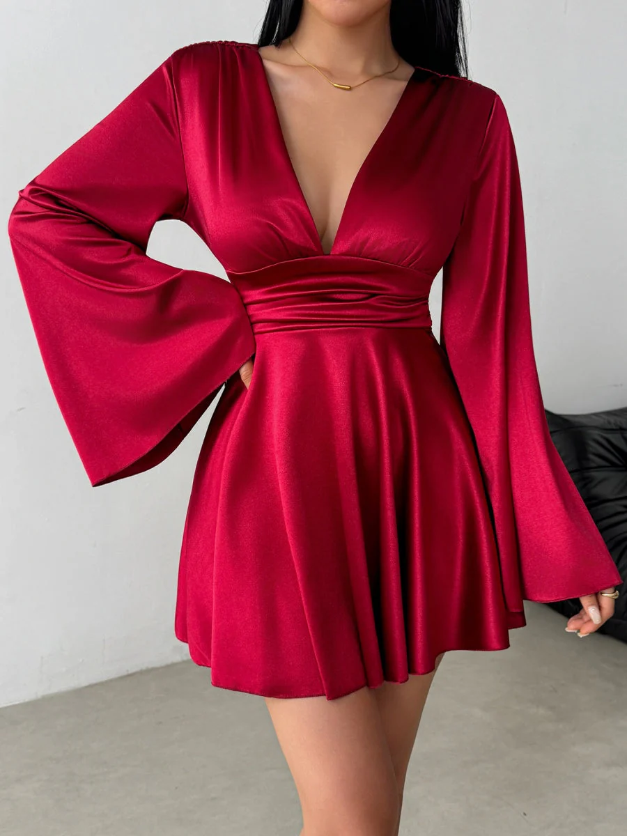 V-neck Long Sleeve Flared Sleeves Mini&Short Dresses - Image 11