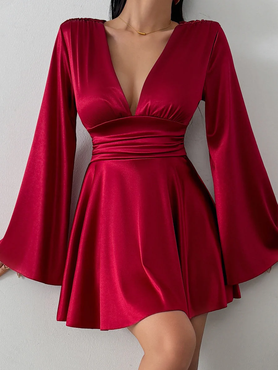V-neck Long Sleeve Flared Sleeves Mini&Short Dresses - Image 12