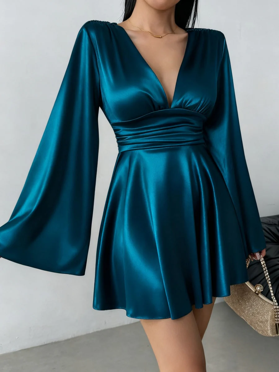 V-neck Long Sleeve Flared Sleeves Mini&Short Dresses - Image 19