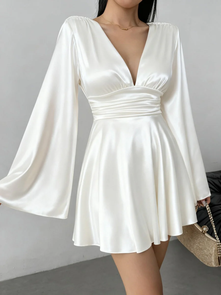 V-neck Long Sleeve Flared Sleeves Mini&Short Dresses - Image 24